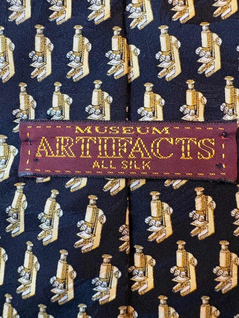 Vintage Museum Artifacts 100% Silk Microscope Science Necktie Black Gold